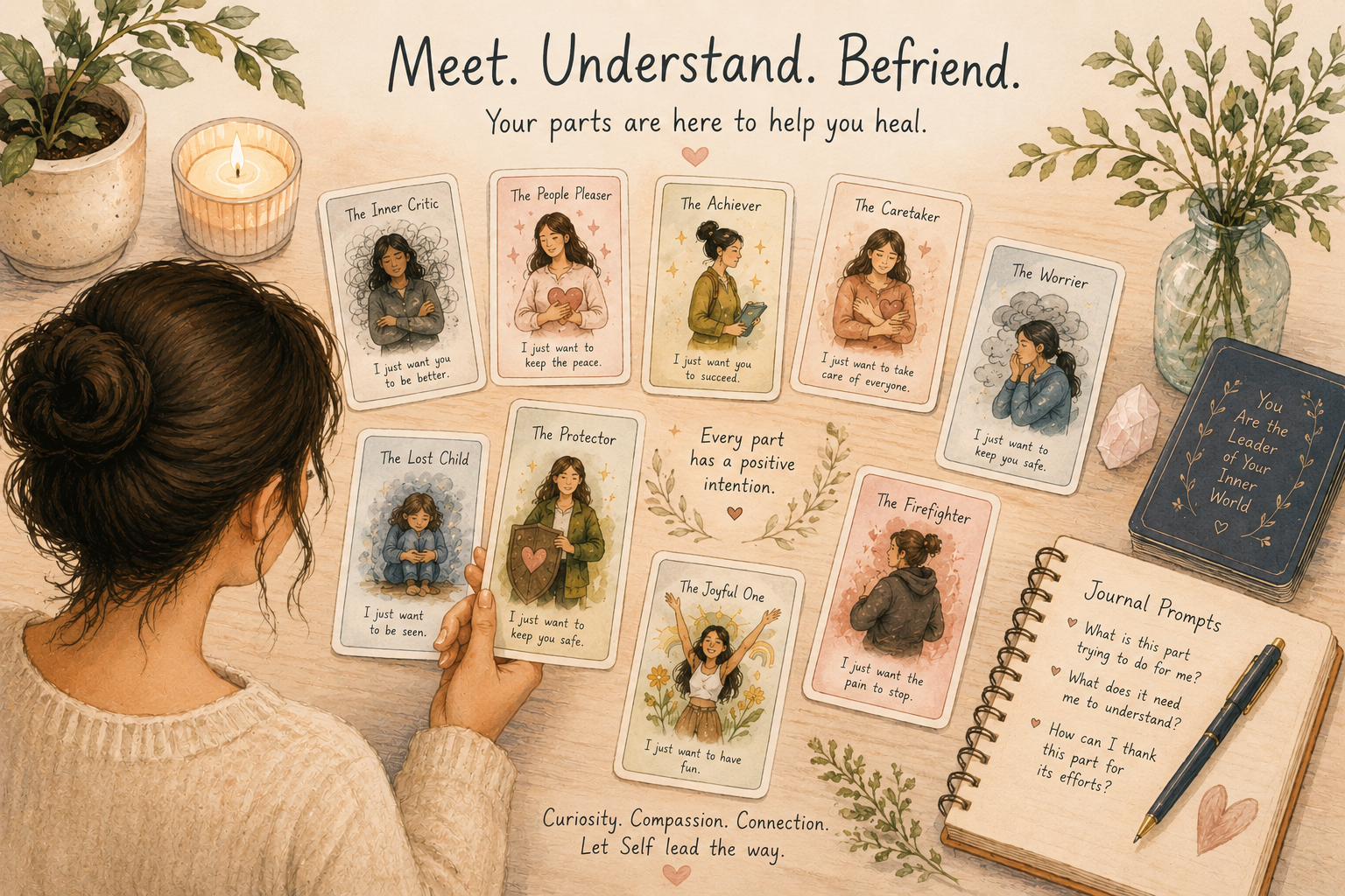 IFS Parts Cards spread on a table — Meet. Understand. Befriend.